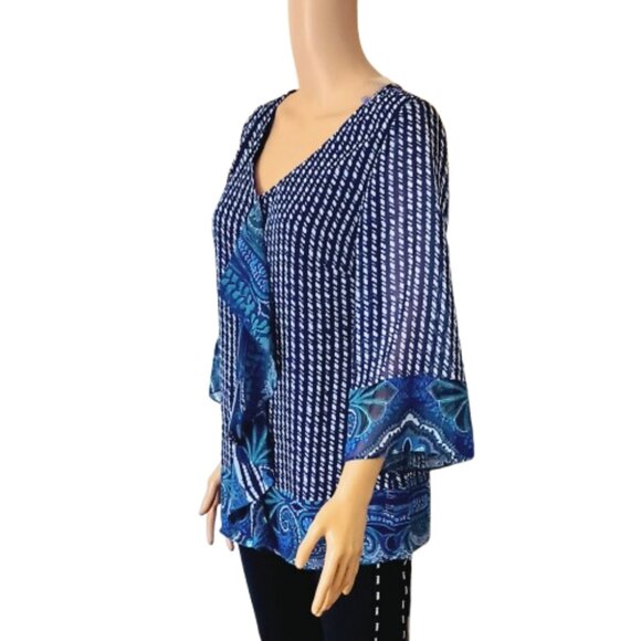 Share Isaac Mizrahi Paisley Ruffle Top S Black & Blue Button Up Sheer Lined Blou - Picture 6 of 10